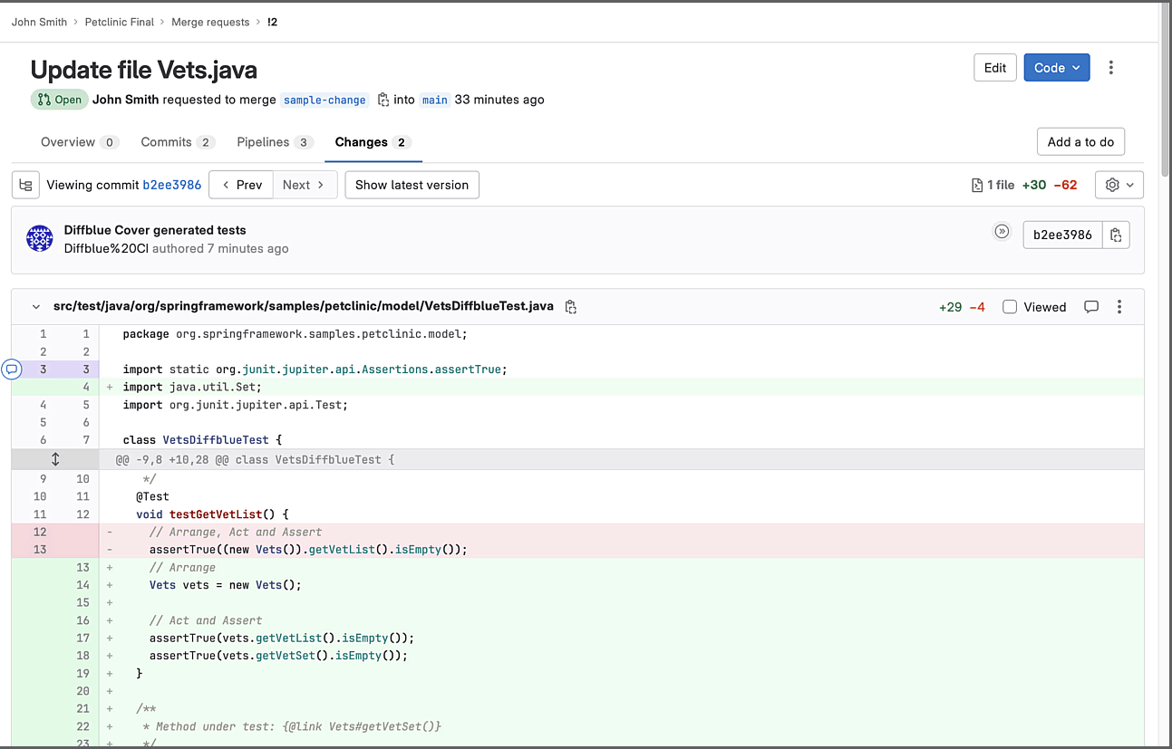 Merge request diff showing code changes with test additions in green and removals in red.